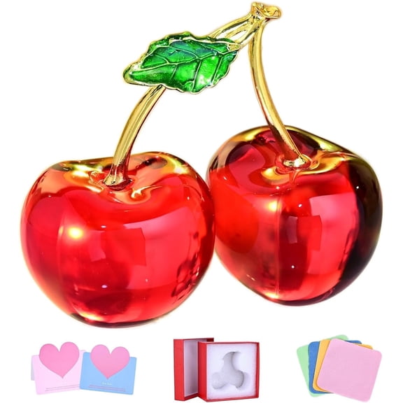 Double Crystal Cherry Figurine - Handmade Glass Fruit Collectible Decor, Red Paperweight Tabletop for Home Office Desk, Elegant Centerpiece for Kitchen, Living Room, Wedding Christmas Gift