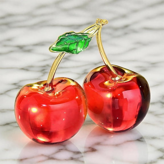 Double Crystal Cherry Figurine - Handmade Glass Fruit Collectible Decor, Red Paperweight Tabletop for Home Office Desk, Elegant Centerpiece for Kitchen, Living Room, Wedding Christmas Gift