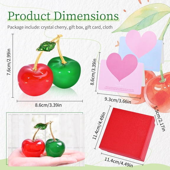 Double Crystal Cherry Figurine-Sparkling Glass Fruit Paperweight & Tabletop Decor-Elegant Home Office Centerpiece for Kitchen, Living Room, Wedding&Christmas Gift (Green)