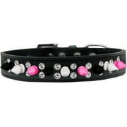 Double Crystal With Black, White And Bright Pink Spikes Dog Collar Size Size 12 Black