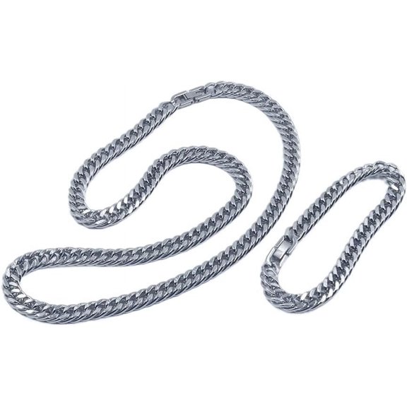 Double Cuban Link Titanium Necklace and Cuban Bacelet,Curb Chain Necklace Bacelet,Solid Titanium Hip Hop Jewelry Set