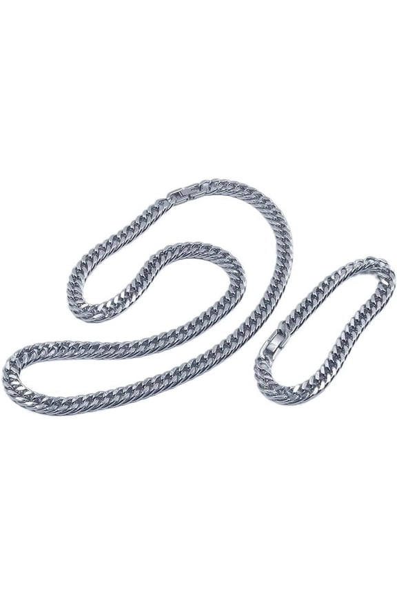 Double Cuban Link Titanium Necklace and Cuban Bacelet,Double Set