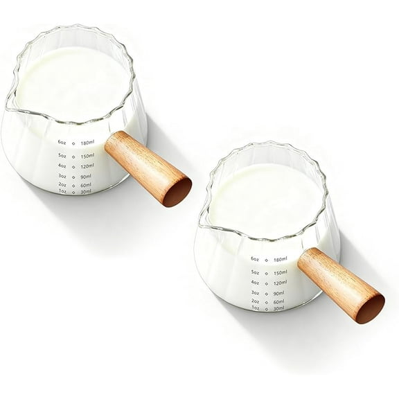 Double-Cup 6 oz/180 ml Glass Measuring Cup (Wooden Handle) — Espresso Cup with Grooved Milk Frother, Dual Graduation Markings, V-Shaped Rim for Easy Pouring