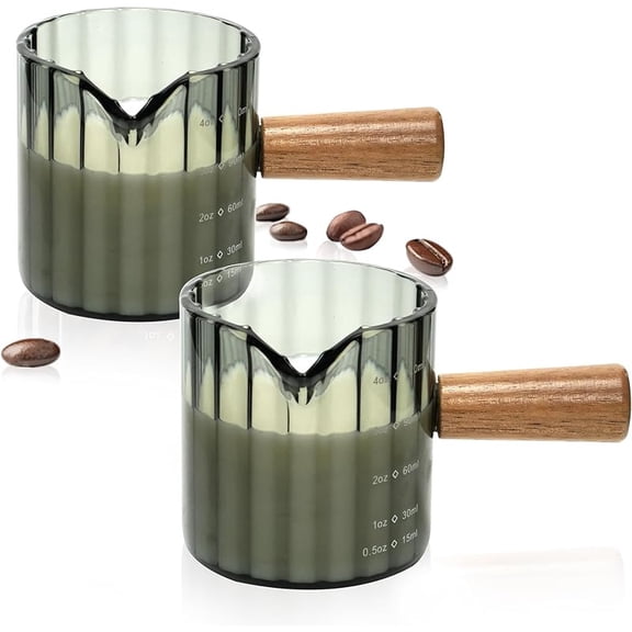 Double-Cup 6 oz/180 ml Glass Measuring Cup (Wooden Handle) — Espresso Cup with Grooved Milk Frother, Dual Graduation Markings, V-Shaped Rim for Easy Pouring