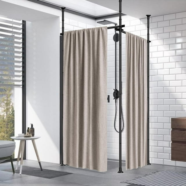 Double Curtain Divider Stand - 48 to 144 inches Expandable Curtain Rod Room Divider， Damage Free Freestanding Vertical Tension Stand, Black