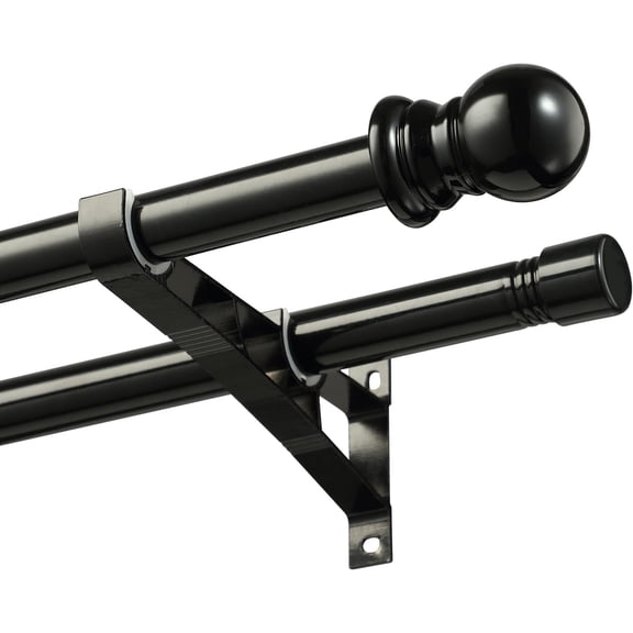 Double Curtain Rod 30-42" - 1 Inch Black Double Curtain Rods for Windows Blackout, Splicing Adjustable Dual Rods for Drapes and Curtains, Heavy Duty Snap-On Bracket, Decorative Finals