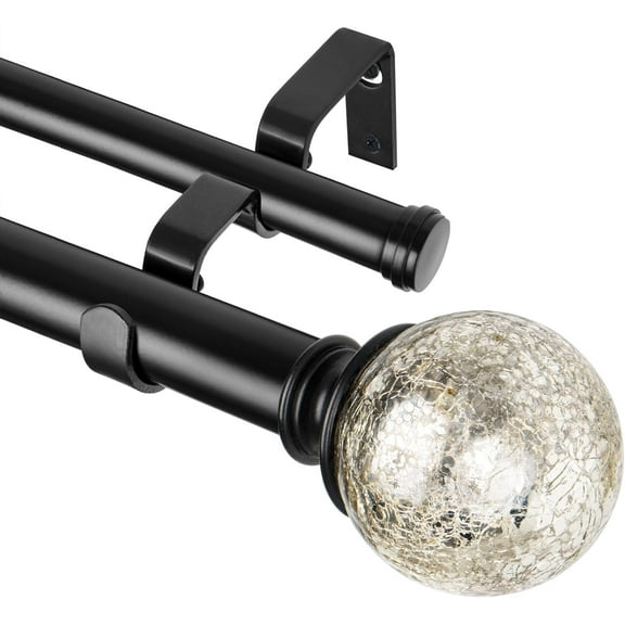Double Curtain Rod 36 to 72 Inches (3-6 Feet) 7/8 Inch Curtain Rods for Windows, Telescoping Heavy Duty Drapery Rods with Decorative Crackle Glass Finials, Black