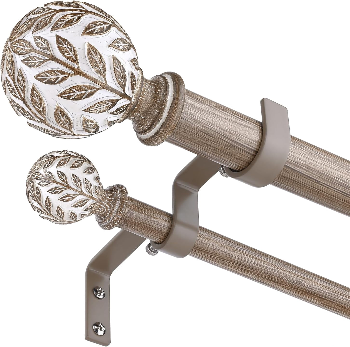 Double Curtain Rod 36-76 Inch, Boho Wood Decorative Dual Curtain Rods for Windows, 1" Adjustable Heavy Duty Double Rod, Unique Handmade Imitation Weathered Wood Grain Leaf Finials Design