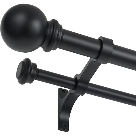 Double Curtain Rod 48 to 84 inch, Adjustable 1 inch Double Drapery Rod Rods for Windows and Doors with Ball Round Finials and Premium Aluminum Brackets Set(48-84",Matte Black)