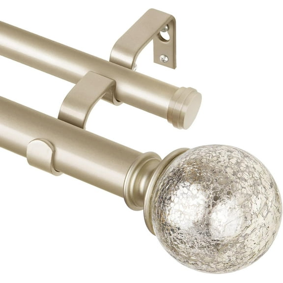 Double Curtain Rod 72 to 144 Inches(6-12 Feet) Champagne Gold Curtain Rods for Windows 66 to 120 Inches, 7/8 Inch Heavy Duty Drapery Rod with Crackle Glass Finials
