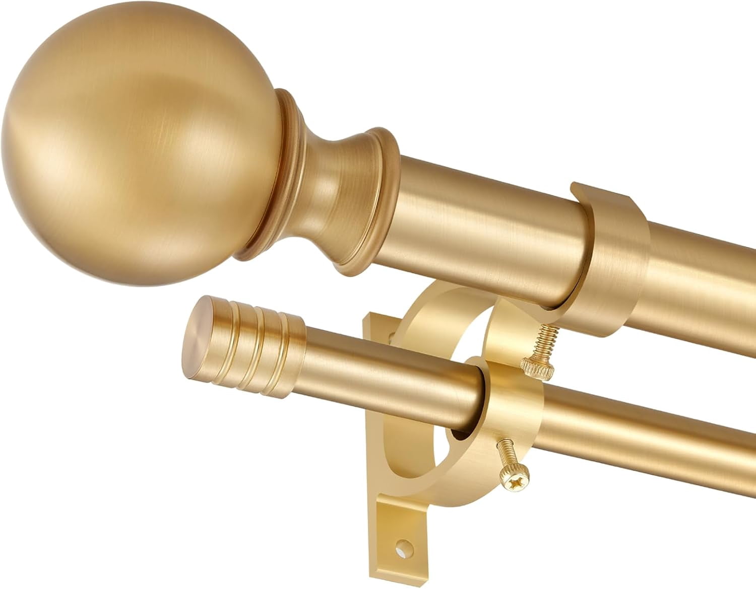 Double Curtain Rod 72-144 Inches, Warm Gold Double Window Decorative Curtain Rod, Adjustable Double Drapery Rod with Round & Barrel Finials,1-Inch Front and 5/8 Inch Back Telescoping Dual Curtain Rod