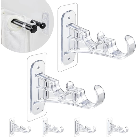 Double Curtain Rod Brackets No Drill, (6-Pack) Adhesive Curtain Rod Holders Nail-Free, Heavy Duty Dual Drapery Rods Hooks Hangers for Living Room Bedroom