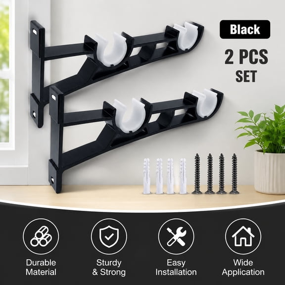 Double Curtain Rod Brackets Heavy Duty Wall Mount Rod Holders for 1 Inch Drapery Rods, Set of 2, Black