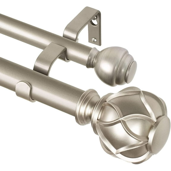 Double Curtain Rod Set, Telescoping 36-72 Inch, Champagne Gold with Decorative Finials, for Hanging Sheers and Drapes Together