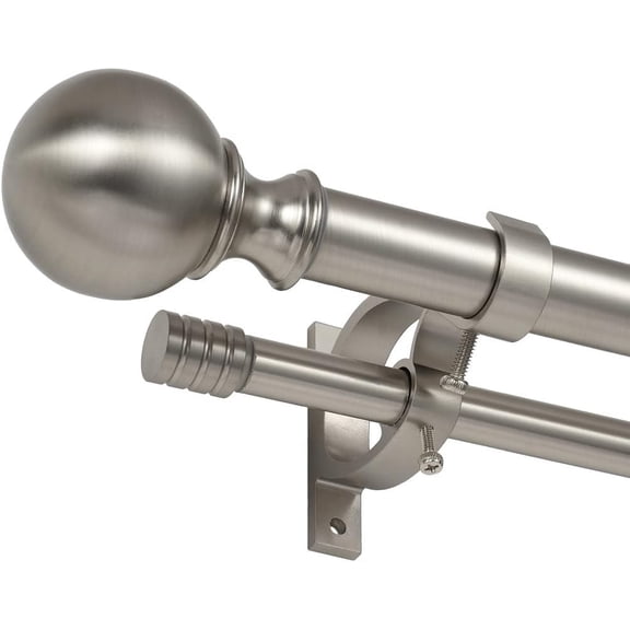 Double Curtain Rod for Windows 36-72", Adjustable Double Drapery Rod with Round & Barrel Finials, Brushed Nickel Decorative Curtain Rod, 1-Inch Front and 5/8 Inch Diameter Back Window Curtain Rod