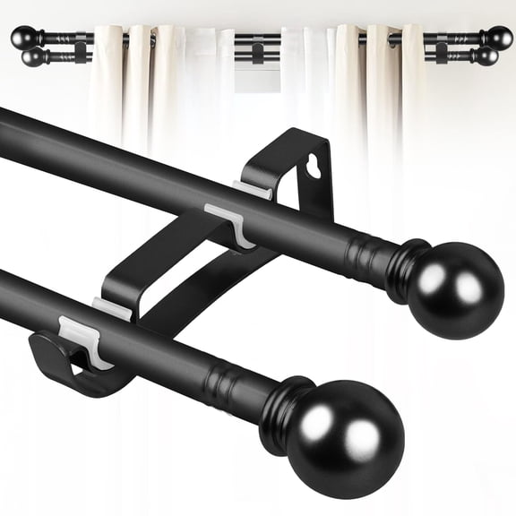 Double Curtain Rod for Windows 60" to 120", Double Curtain Rods with 3PCS Holder for Bedroom Living Room (Black)