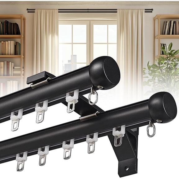 Double Curtain Rod for Windows, Heavy Duty Drop Curtain Dual Track with Aluminum Brackets Wall Mount, Silent Rail System, Black, 1m (3.3ft)