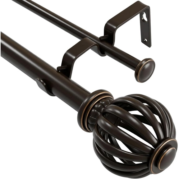 Double Curtain Rods 36-72 Inch - 1 Inch Heavy Duty Telescoping Window Curtain Rod Set in Antique Bronze, Decorative Cage Finials for Living Room and Bedroom