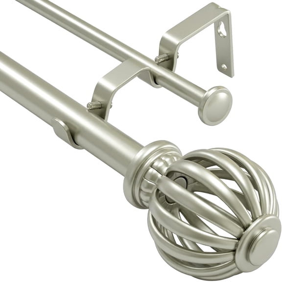 Double Curtain Rods 72-144 Inch - 1 Inch Heavy Duty Telescoping Window Curtain Rod Set in Brushed Nickel, Decorative Cage Finials for Living Room and Bedroom