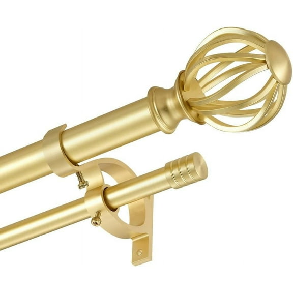 Double Curtain Rods for Window 72-144", Decorative Double Curtain Rods with Round Cage & Barrel Finials, 1-Inch Front and 5/8 Inch Back Double Drapery Rod, Adjustable Double Rod Curtain Rod Brass
