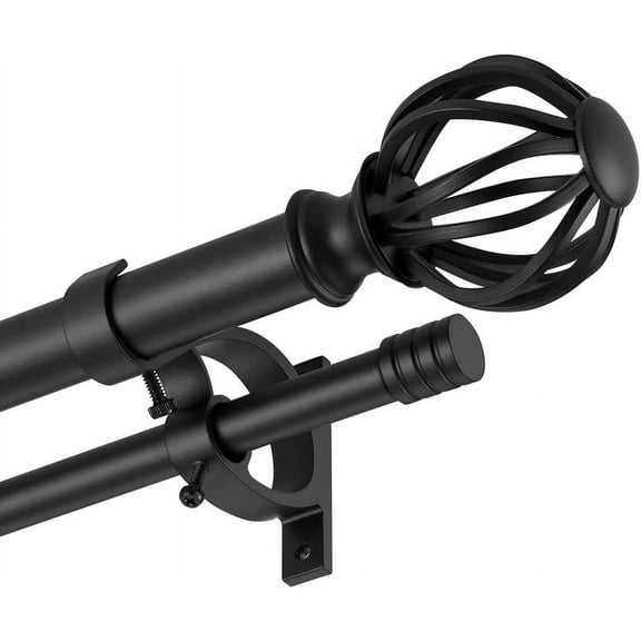 Double Curtain Rods for Window 72-144", Matte Black Double Curtain Rods with Round Cage & Barrel Finials, 1-Inch Front and 5/8 Inch Back Double Drapery Rod