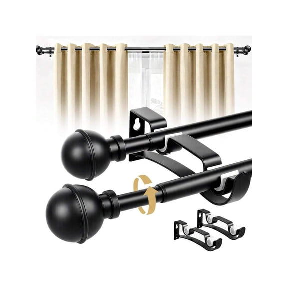 Double Curtain Rods for Windows 30 to 57 Inch - Adjustable Black 5/8" Diameter Drapery Rod Set with 2 Brackets - Blackout Curtain Hardware for Bedroom & Living Room