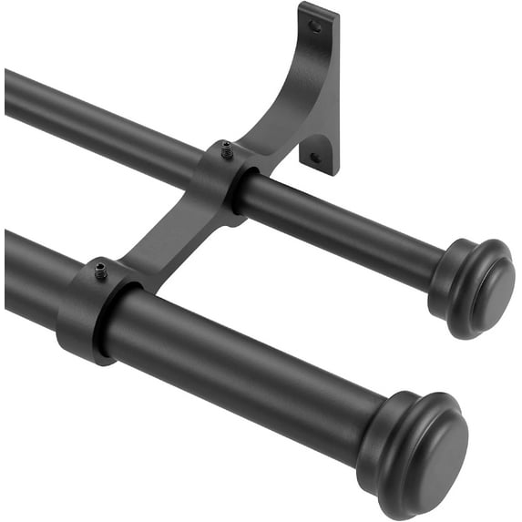 Double Curtain Rods for Windows 36 to 72 Inch, Matte Black Double Curtain Rods with End Cap Finials, 1-Inch Front and 5/8 Inch Back Double Drapery Rod, Adjustable Double Rod Curtain Rod