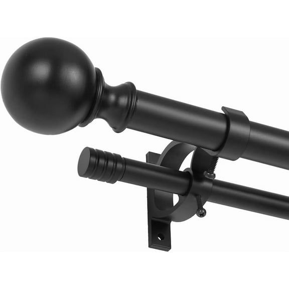 Double Curtain Rods for Windows 36-72 Inches, Adjustable Decorative Window Treatment Curtain Rod with Round & Barrel Finials, 1-Inch Front and 5/8 Inch Back Matte Black Double Telescoping Drapery Rod