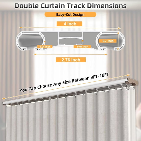 Double Curtain Track Ceiling Mount, Silent Aluminum Track Curtain Rail, Heavy-Duty Double Row Ceiling Curtain Tracks Rod Sliding Rails for Curtains, Room Divider for Living Room Bedroom (8FT)