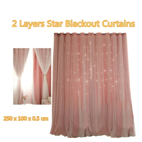 Clispeed Pink Double Layer Curtains with Hollow Star Design Window Drapes No Hook Easy Hang for Shading and Decoration