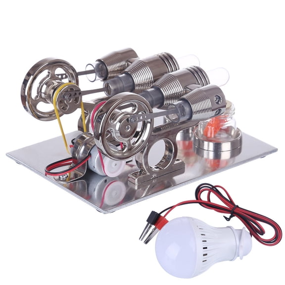 Double Cylinder Stirling Engine Model with Bulb - Educational Steam Engine Kit with Alcohol Lamps for Physics Science Experiment Demonstration
