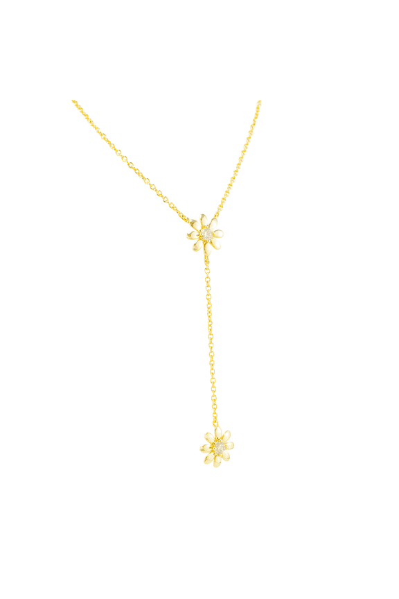 Double Daisy Flower Lariat Necklace with Adjustable Gold 18-inch Chain. Beautiful Floral Design for Woman. Great Gift.