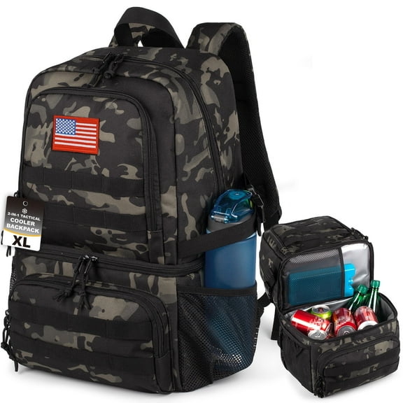 Double Deck Cooler Backpack for Men, Up & Down Dual Function, Large Lunch Backpack with 2 Compartment, Soft Cooler Bag, Backpack Lunchbox, Insulated Leak Proof Lightweight-Large Camo-Black