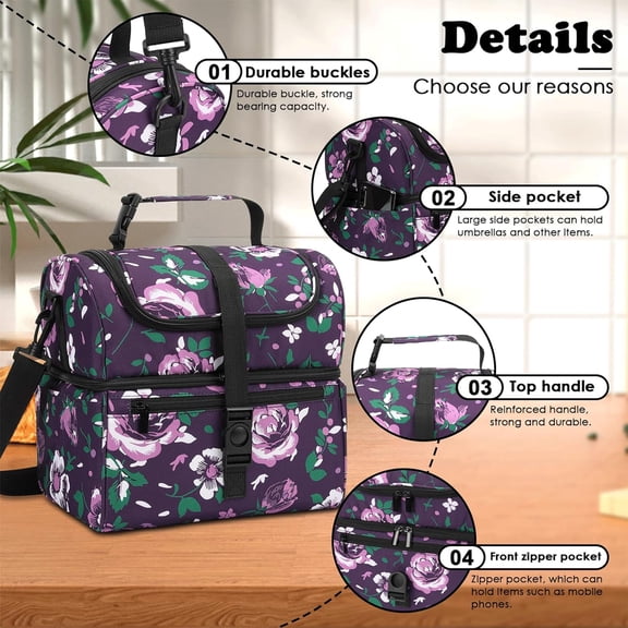 Double Deck Insulated Lunch Bag for Women,Large Reusable Lunch Box with Adjustable Shoulder Belt and Side Pockets,Cute Floral Leakproof Lunch Tote Cooler Bag for Adult Picnic,Working -Dark Purple