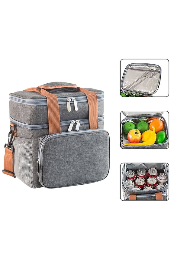 Double Deck Insulated Lunch Box, Expandable Large Lunch Bag Leakproof Cooler Bag Lunch Pail for Men Women Adults Work Shifts Travel Daytrip (Grey) 10.23x7.08x11.02"