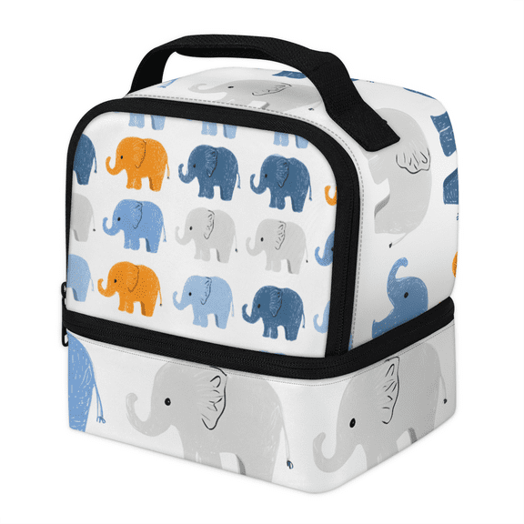Double Deck Lunch Bag 2 Tier Insulated Lunch Box for Office, Travel and Outdoors, Large Capacity Meal Box for Men Women,Elephant Pattern