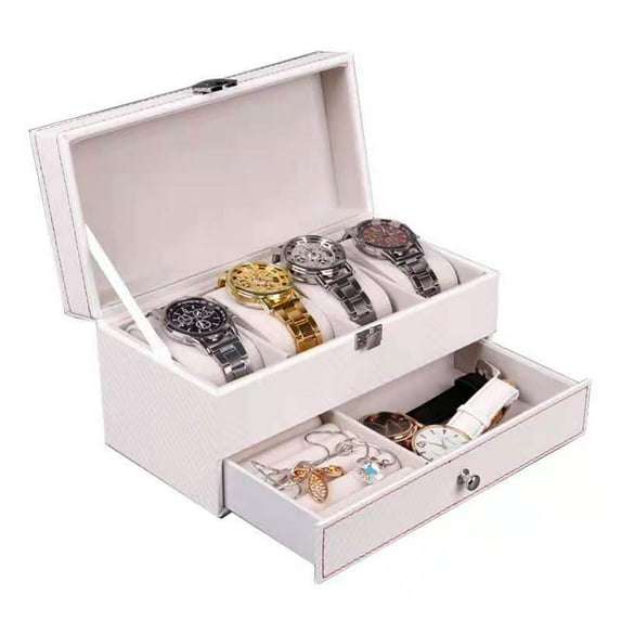 Double-Deck  PU Watch Box Organizer  2 Layout with 4 Slots Jewelry Display Case Storage 3 Colors for Select (White Inner)