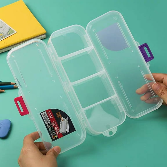Double Deck Pencils Box Clear Plastic Stationery Box with 2 Removable Ruler Dividing Spacers Multi-grid Utility Boxes with 4 Compartments for Pencils Erasers Clips, A