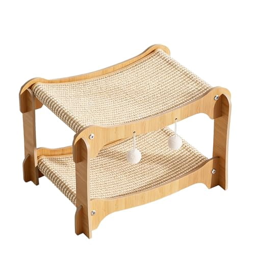 Double-Decker Cat Bed, 2-Tier Wooden Pet Cats Scratcher Lounge with Hanging Ball Toys, Natural Sisal Hammock Bed for Indoor