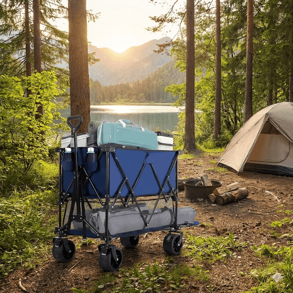 Double Decker Folding Wagon, 2-Tier Heavy Duty Utility Cart with 440lbs Capacity, 320L Extra Large Collapsible Wagon with All Terrain Wheels for Camping, Beach, Grocery, Blue