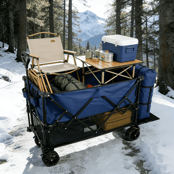Double Decker Folding Wagon, 440lbs Heavy Duty 2 Tier Utility Cart with 320L Capacity, Collapsible Wagon with All-Terrain Wheels & Brakes for Camping, Beach, Fishing, Grocery, Blue