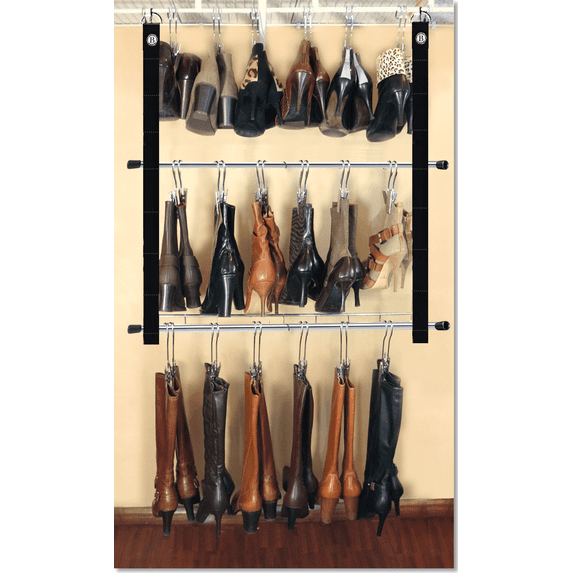 Double Decker Hanging Boot Storage with 12 Silver Boot Hangers