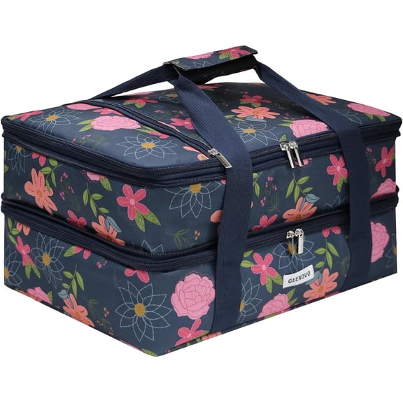 Double Decker Insulated Casserole Carrier, Expandable Thermal  Warmer Bag Fits 9x13 Dish, Leak-Proof Potluck Lasagna Holder with Utensil Pocket for Picnic Party Cookout (Blue Floral)