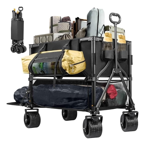 Double Decker Wagon 600lb Capacity & 400L Collapsible Sports Wagon | Big Wheels, 54" Extended, Utility Folding Cart, for Camping Fishing & Outdoor Use