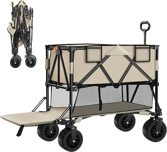 Double Decker Wagon Collapsible, Heavy Duty Foldable Wagon with Big Wheels, Folding Extended Wagon Cart Support Up to 330lbs, Outdoor Utility Wagon for Camping, Sports, Shopping, Beach, Garden Sansujyuku sansujyuku.com