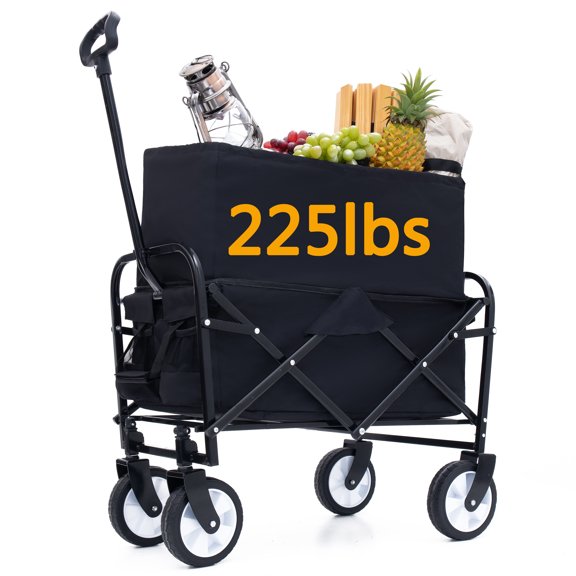 Double Decker Wagon, Telescopic Folding Utility Cart 225lb Weight Rolling Carts with Wheels for Grocery Camping Garden Sports Shopping Fishing, Black