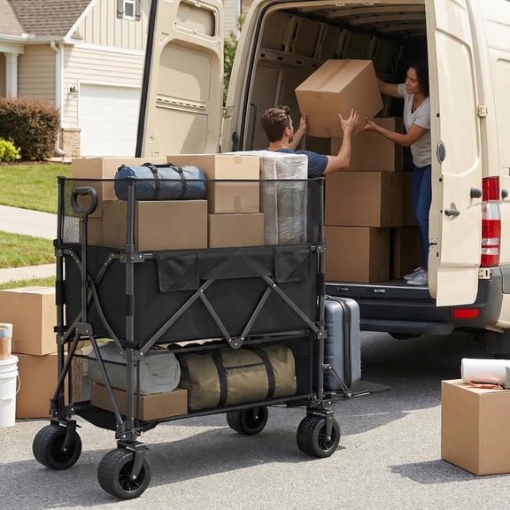 Double Decker Wagon with Retractable Mesh - 600L Heavy Duty Foldable Cart for Camping Beach