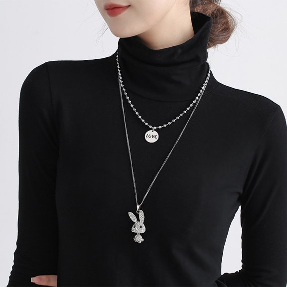 Double Decorative Titanium Steel Necklace Light Luxury Niche Long Diamond Rabbit Pendant Letter Necklace