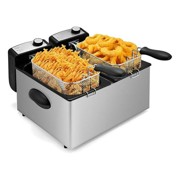 Double Deep Fryer, 6L Stainless Steel Electric Fryer with 2 Baskets, Temperature Control, 3000W Rapid Heating, Overheat Protection, Ideal for French Fries, Chicken & More