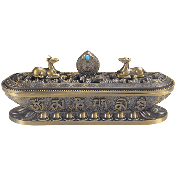 Double Deer Incense Burner, Tibetan Incense Holder with Eight Auspicious Pattern and Six-Word Mantra, Aluminum Alloy Decorative Burner for Sticks, Cones, Coils, Antique Bronze Finish